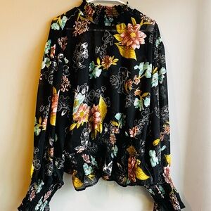 Truth NYC Black Floral Women's Blouse Smocked Hem WhimsyGoth 3X Sheer
